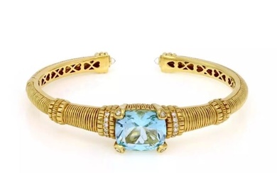 Judith Ripka Diamond Blue Topaz 18k Yellow Gold Cuff Bangle Bracelet