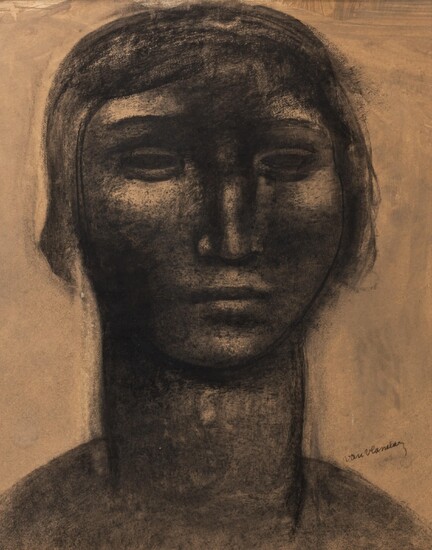 Julien Van Vlasselaer (1907-1982), female head, charcoal and watercolour, 33 x 42 cm