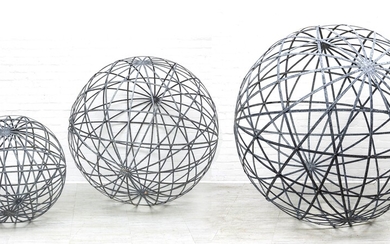 KEITH "BUCK" MOFFAT (1947-2020) STEEL STRAP SPHERES, THREE, DIA 65", 51" AND 34"