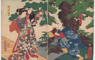 Kabuki actors in the roles of Saizō Shikan & the chamber maid (koshimoto) ...yama - 1861 - Utagawa Kunisada (1785-1865) - Japan - Edo Period (1600-1868)