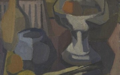Kathe Strenitz, British 1923-2017 - Still life with an orange vase and white tazza and fruit; oil on canvas, 76 x 51 cm (unframed) Provenance: the Estate of the Artist