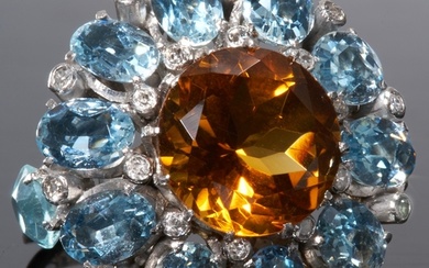 LARGE CITRINE AQUAMARINE AND DIAMOND RING, High carat gold. ...