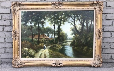 LARGE IMPRESSIONIST O/C LANDSCAPE WITH WOMAN WALKING ON