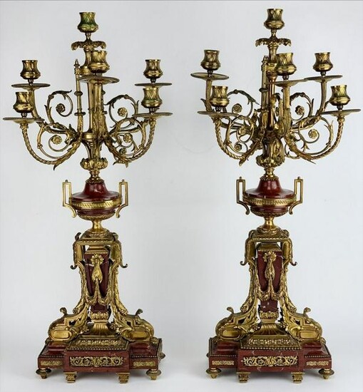 LARGE PAIR OF DORE BRONZE AND ROUGES MARBLE CANDELABRA
