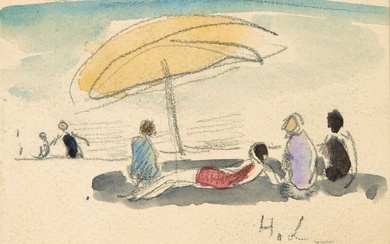 Henri LEBASQUE Scène de plage Aquarelle et crayon sur papier h:6.8 CM, d:9.4 CM Signé...