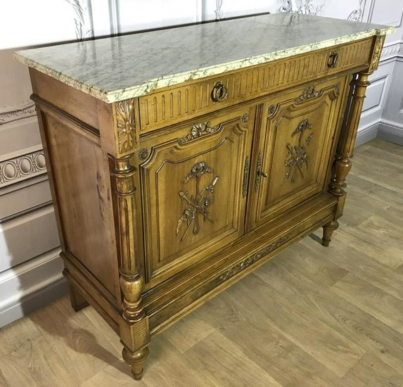 LOUIS XVI STYLE CARVED WALNUT MARBLE TOP COMMODE