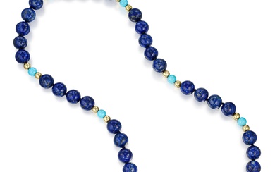 Lapis Lazuli Turquoise and Gold Bead Long Necklace