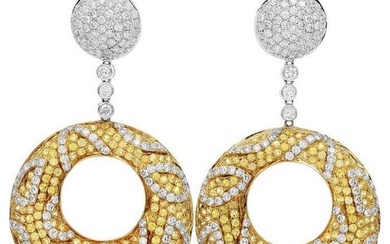 Large Diamond Yellow Sapphire 18K Gold Cluster Dangle Hoop Earrings