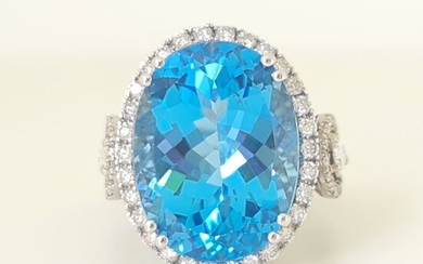 Large Topaz Ring with Diamonds - 14 kt. White gold - Ring - 21.80 ct Topaz - 1.75ct Diamond D-F/VVS Diamond