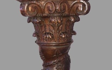 Large decorative column in carved and twisted wood, Corinthian capital with grapevinees - Wood - 19th century