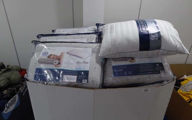 Large pallet of loose Hotel Grande bedding pillows and Optasense...