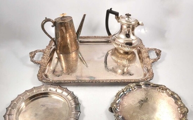 Large silver-plated tray, salver and cake stand, two glass decanters, silver handled tea knives