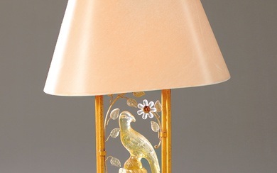 Large table lamp with glass parrot, glass leaves and flowers,...