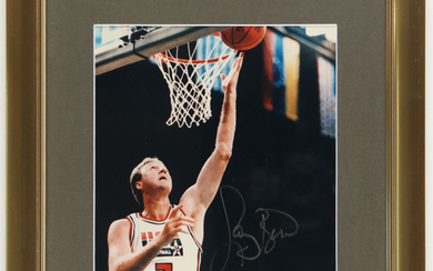 Larry Bird Signed Team USA Custom Framed Photo Display With Vintage USA Basketball Pin (JSA)
