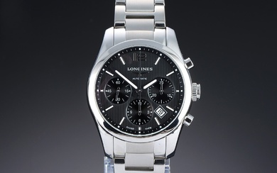 Longines 'Conquest Classic'. Automatic men's steel chronograph with black dial, 2010s