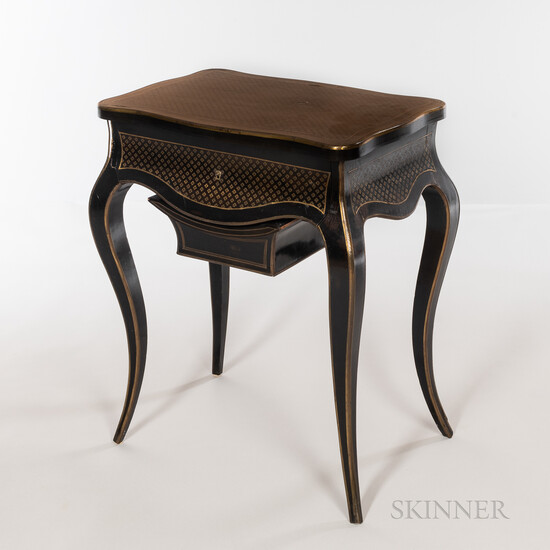 Louis XV-style Brass-inlaid Ebonized Wood Sewing Table