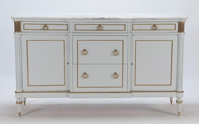 Louis XVI style painted marble top sideboard with bronze mounts. Ht: 37" Wd: 63" Dpth: 20.5"