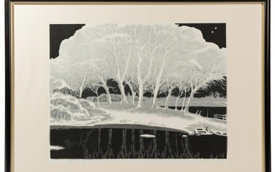 Lu Fang (Chinese, b.1932) "Snow Clad Trees" Woodblock Print
