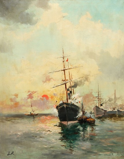 Lucien Joulin: View from a port with ships in the basin. Signed Joulin. Oil on canvas. 92×73 cm.