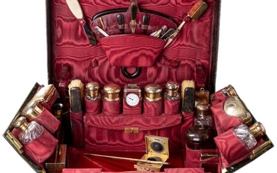 Luxury Edwardian Travel Dessing Case, Albert Barker Ltd, London - Leather, Silver gilt - Early 20th century