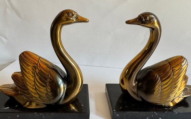 M.Leducq - Bookends (2) - Art Deco -Pair of Swans, M. Leducq (1879-1955) - Bronze, Marble