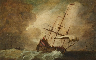 Manner of Hendrick Cornelisz Vroom, 18th century- Shipping scene in stormy weather; oil on panel, 20 x 27 cm.