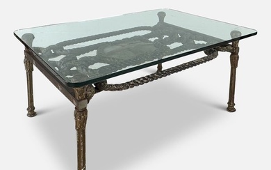 Massive Antique 19thC Painted Iron and Glass Coffee Table w/Heraldic Shield Rope Design