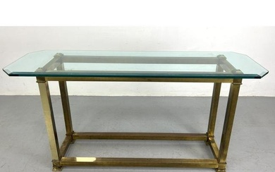 Mastercraft Style Glass and Brass Console Hall Table. Heavy metal base. Thick Glass Top.