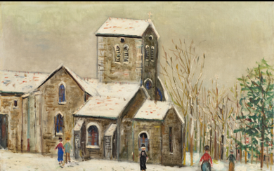 Maurice Utrillo ( Parigi 1883 - Dax 1955 ) , "Eglise de Domrémy (Vosges)" 1937 oil on canvas cm 34x47 Signed and dated 1937 lower right Provenance Private collection, Milan...