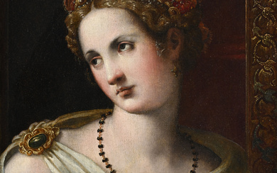 Michele Tosini di Ridolfo Ghirlandaio (1503-1577), La mort de Cléopâtre, huile sur panneau, 44x32,5 cmNote: Cachets anciens au verso: Doua