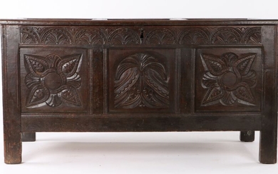 Mid 17th Century oak coffer, West Country, circa 1650, the rectangular three panel top above a