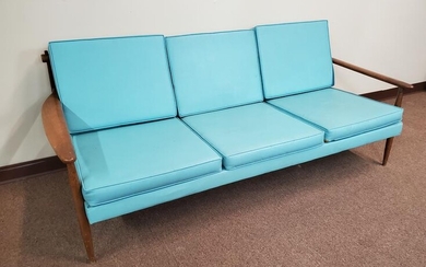 Mid Cent Wood Sofa W/ Aqua Cushions