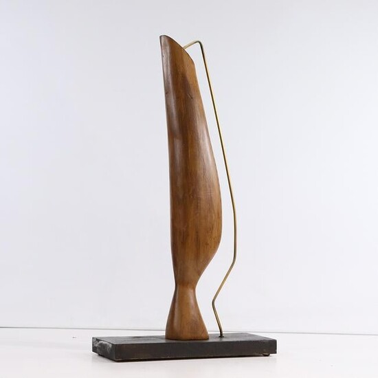 Mid-Century Modern Wood Sculpture with Metal Rod Accent