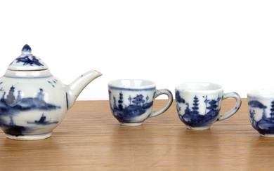 Miniature blue and white teapot and three cups Chinese, Kangxi...