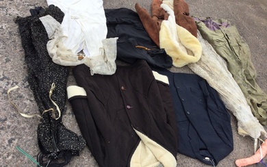 Miscellaneous vintage clothing including sheepskin coats, a wedding dress, Frank...