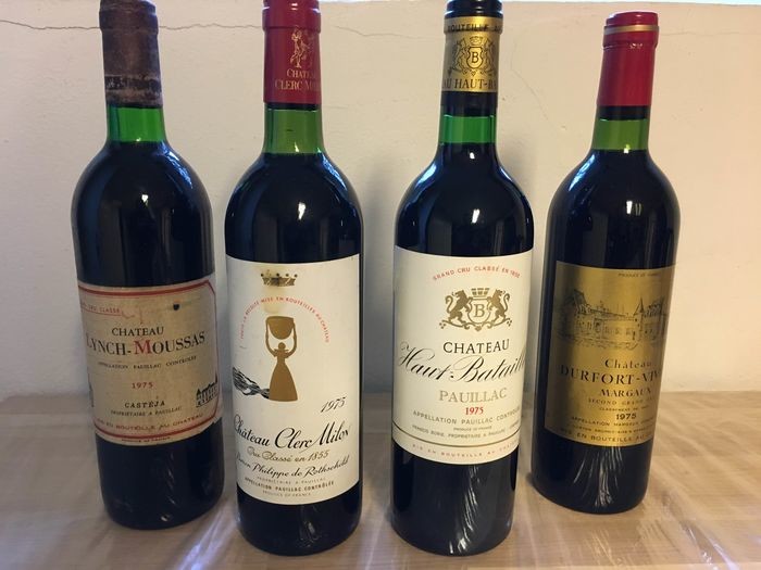 Mixed lot - 1975 Ch. Clerc Milon; Ch. Lynch-Moussas; Ch. Haut-Batailley; Ch. Durfort-Vivens - Margaux, Pauillac Grand Cru Classé - 4 Bottles (0.75L)