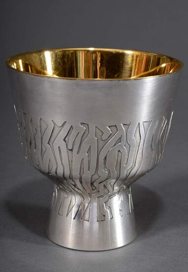 Modern chalice with abstract relief decoration, metal silver plated and gilded inside, 20th century, h. 11cm, Ø 11cm, slight scratches, min. rubbed