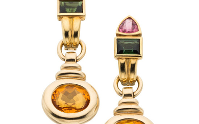 Multi-Stone, Gold Earrings The earrings feature rectangular-shaped green tourmalines...