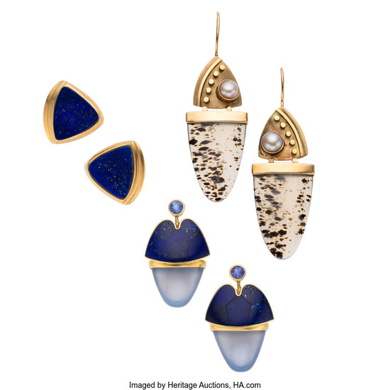 Multi-Stone, Gold Earrings The lot includes a pair of...