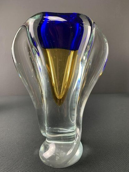Murano Art Glass Freeform Vase, Blue And Yellow