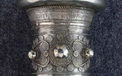 Myanmar, silver tubular bracelet, with three knobs, geometrical...