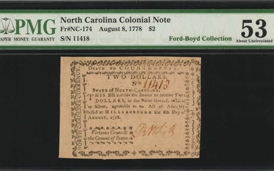 NC-174. North Carolina. August 8, 1778. $2. PMG About Uncirculated 53. Remainder.