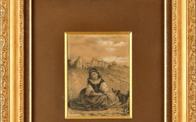 Narcisse Virgile DIAZ DE LA PEÑA (1807-1876) Jeune fille au chien Dessin au crayon Signé...