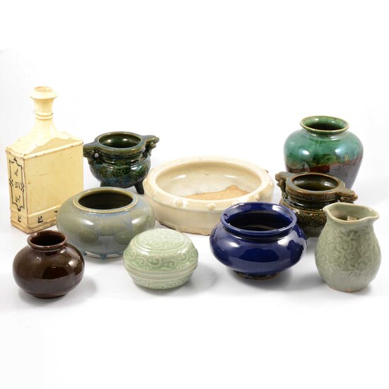 Near pair of glazed earthenware censer-shaped vases, modern celadon ware and oriental pottery.