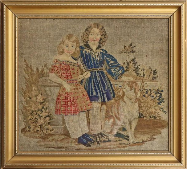 Needlepoint of Two Girls with Dog, 19th Century