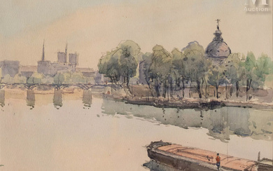 Nicolas KRYCEVSKY (Kharkov 1898 - Paris 1961) Péniche sur la Seine, le pont des Arts et l’Institut de France, Paris