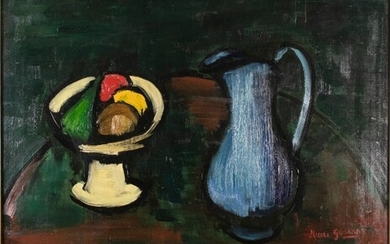 Nicole Grisard (1938-2016), abstract still life, jug with fuit bowl,...