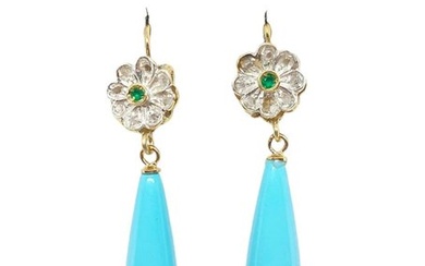 No Reserve Price - Earrings - 9 kt. Silver, Yellow gold Turquoise - Emerald