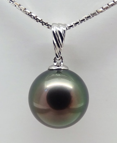 No Reserve Price - Tahitian Pearl, Rikitea Pearl, Midnight Peacock, Round 11.4 mm - 18 kt. White gold - Pendant