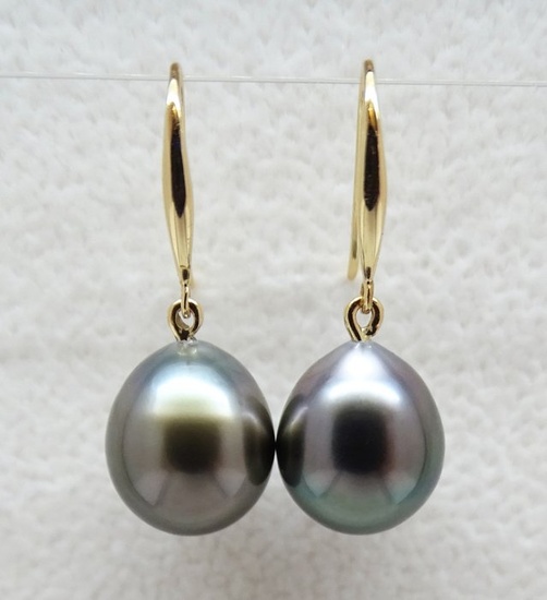 No Reserve Price - Tahitian Pearls, Violet Peacock, Drop Shaped 9.77 X 11.73mm, 9.79 X 11.9mm - 18 kt. Yellow gold - Earrings